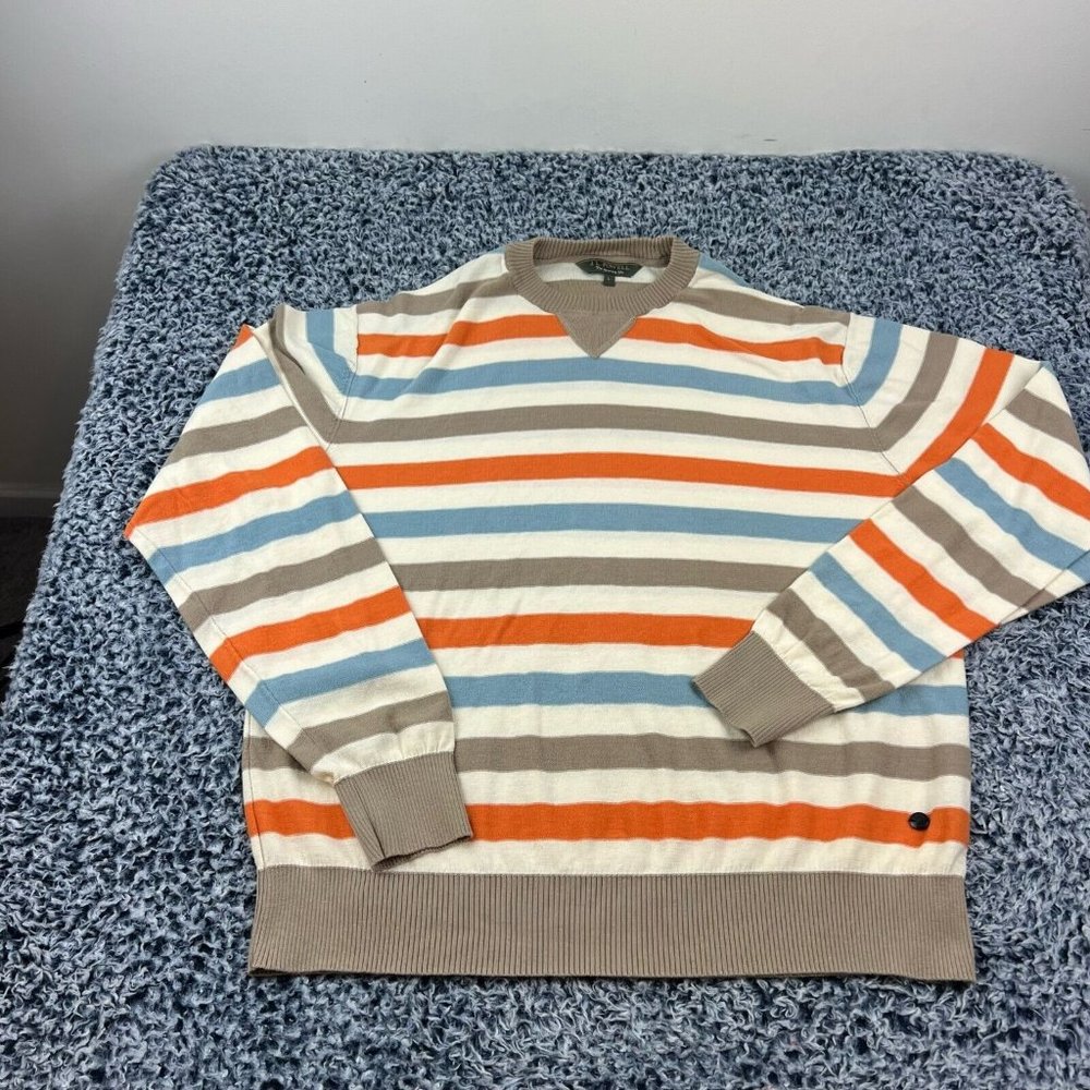 J.L. Powell Sweater Mens Large Striped Crew Neck Pullover Cotton Thin Knit